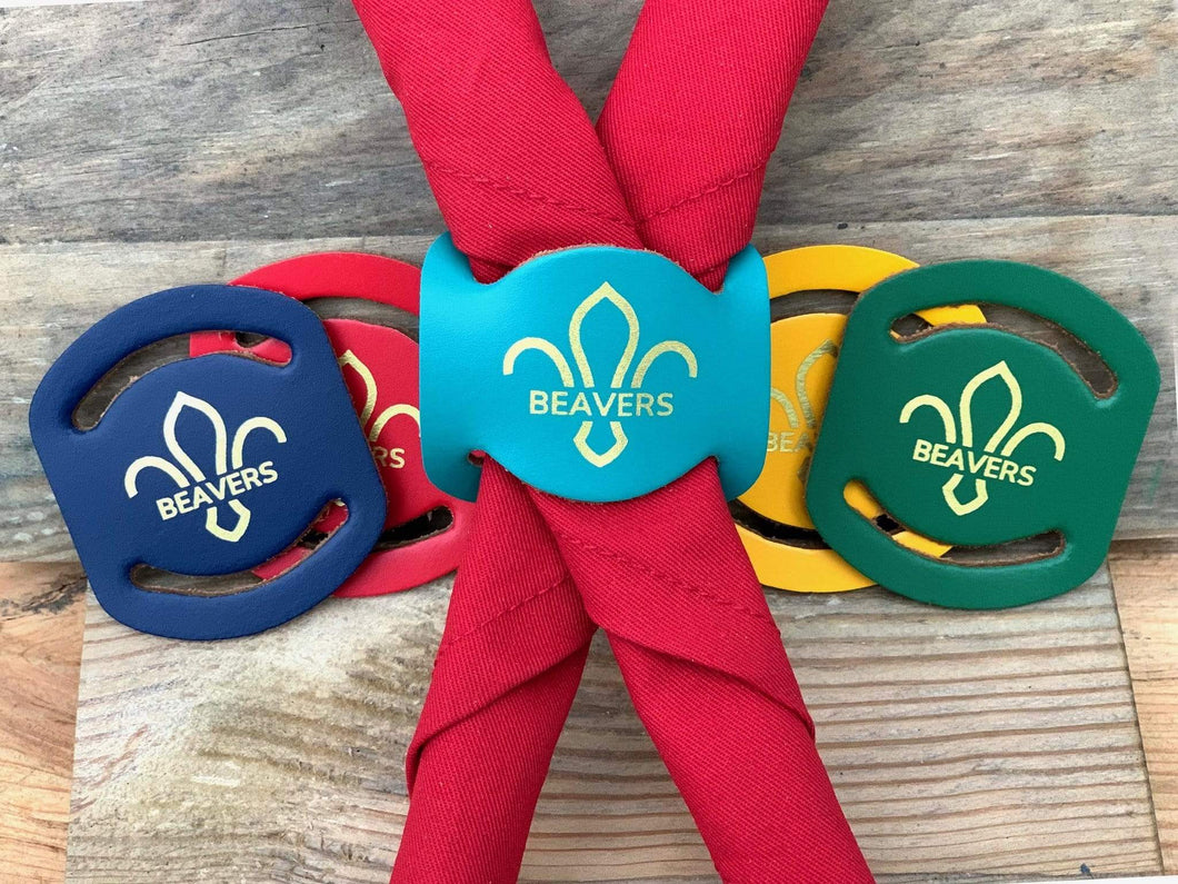 The WoggleMakers Beaver Scout Woggle Red Leather Beaver Scout Woggle - Fluer De Lis Leather 'Beaver Scout Title' Neck Slide - £2.00 FREE P&P
